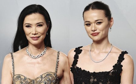Rupert Murdoch's daughter Grace Deng, 25, stuns in black lace dress and diamond necklace in rare appearance at Oscars with mother Wendi