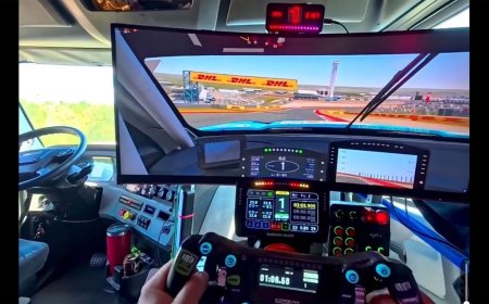 Trucker shows off $6,000 PC driving sim rig in passenger seat — driver slides over to RTX 5080-powered setup when stuck in traffic