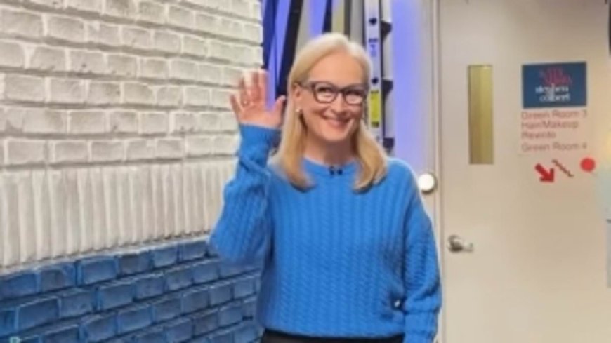 Meryl Streep struts in a leopard-print top before changing into CERULEAN sweater from Devil Wears Prada for The Late Show appearance