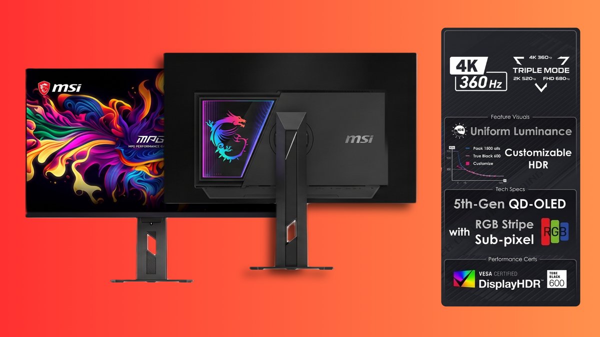 MSI's new 32-inch OLED monitor can switch between 4K 360 Hz, 1440p 520 Hz, and 1080p 680 Hz — featuring a 'Penta Tandem' QD-OLED panel with RGB stripe subpixels