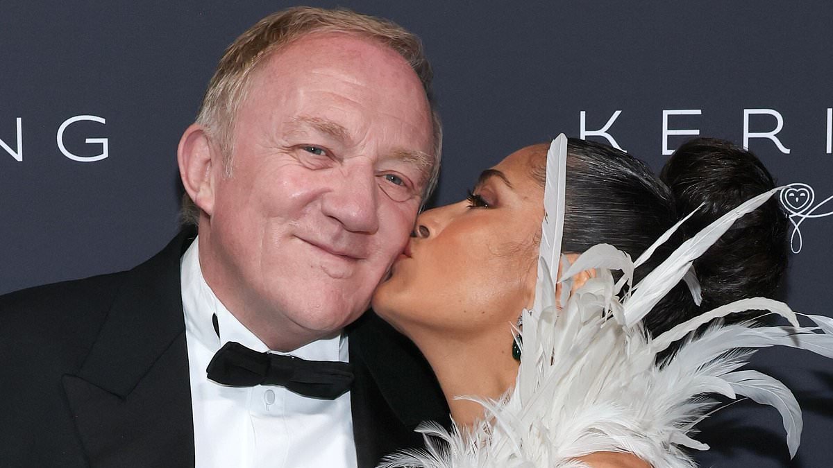 Salma Hayek, 59, embraces her grey hair as she kisses her billionaire husband, 64, at the Kering Women In Motion Awards