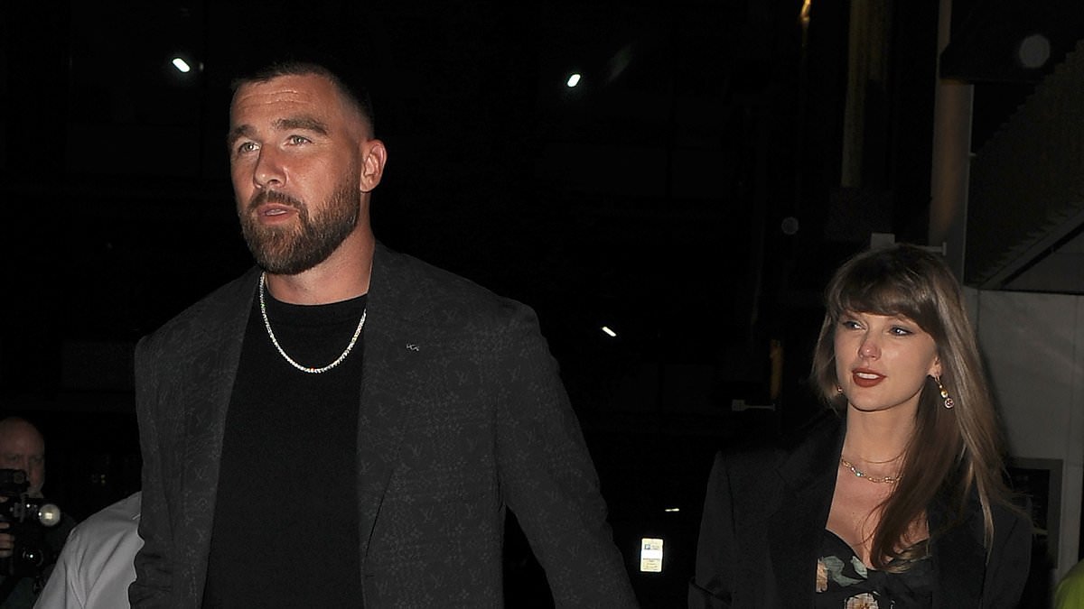 Taylor Swift holds hands with her fiancé Travis Kelce as they attend Poppy Delevingne's star-studded 40th birthday bash