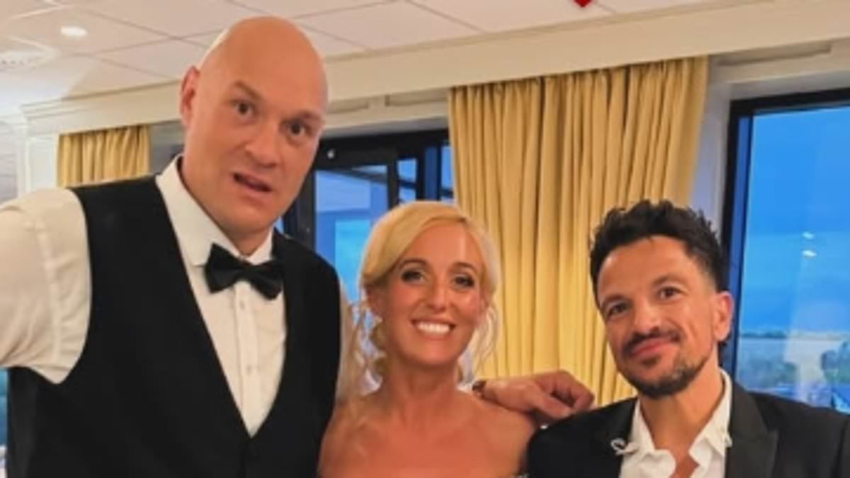 Paris Fury swaps her blue mother-of-the-bride look for a dazzling gold gown as she parties with surprise guest Peter Andre at her daughter Venezuela's wedding reception