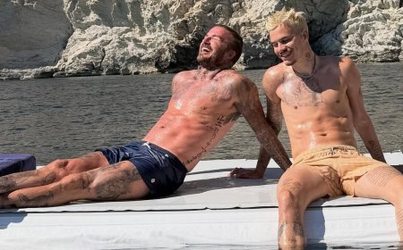 David Beckham and Romeo show off their toned physiques as they sunbathe in the Med as Victoria shares sweet snaps from family holiday