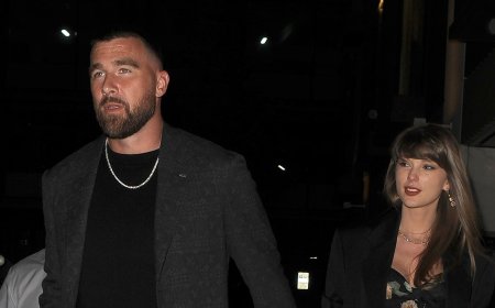 Taylor Swift holds hands with her fiancé Travis Kelce as they attend Poppy Delevingne's star-studded 40th birthday bash