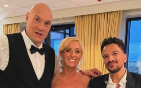 Paris Fury swaps her blue mother-of-the-bride look for a dazzling gold gown as she parties with surprise guest Peter Andre at her daughter Venezuela's wedding reception