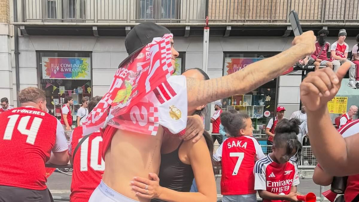 Romeo Beckham snaps a PDA-filled selfie with girlfriend Kim Turnbull as they join thousands of Gunners fans at Arsenal's victory parade despite their Champions League heartbreak