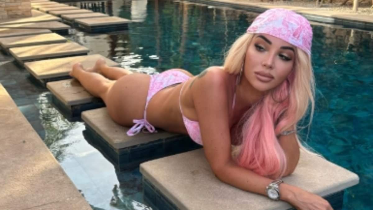 Tulisa Contostavlos shows off her figure in a barely-there baby pink bikini and matching bandana as she poses for a poolside shoot in Morocco