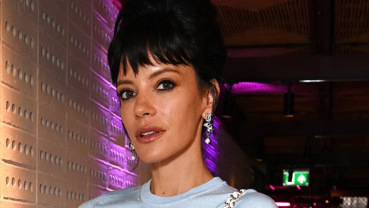 Lily Allen flashes her toned abs in a chic blue crop top and black mini skirt as she leads the star-studded Perfect Magazine X Marc Jacobs Beauty Relaunch Party