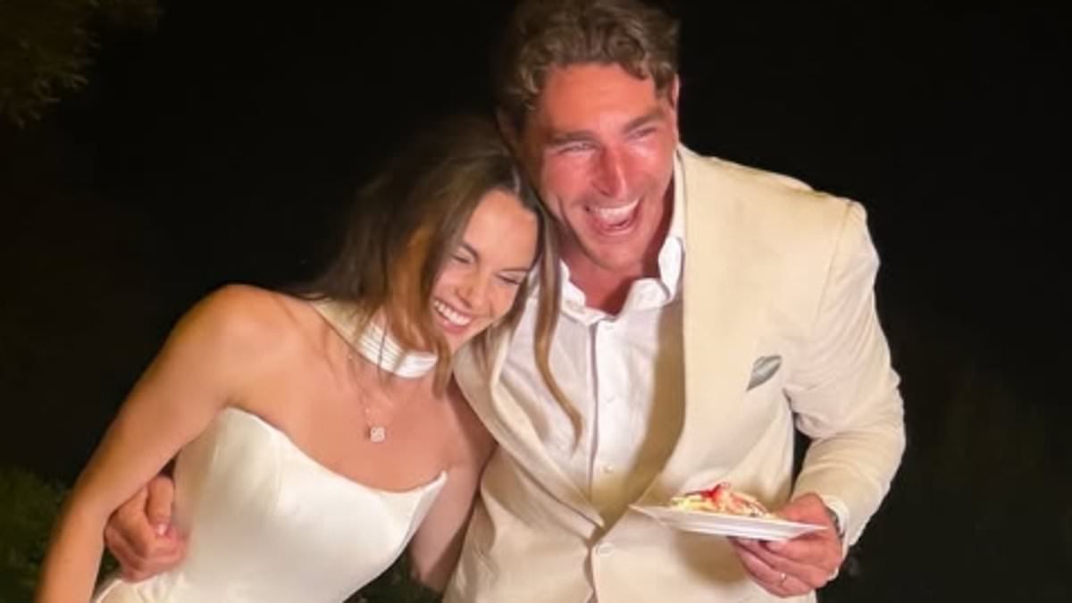 Made In Chelsea's Emily Blackwell and new husband Jordan Oldershaw cut their HUGE cake and party with her sombrero-wearing co-stars at idyllic wedding bash in Mallorca