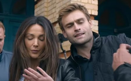 Michelle Keegan and Douglas Booth show off their brewing chemistry in first trailer for police thriller The Blame after she shared how they bonded over 'quizzes and food'