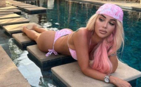 Tulisa Contostavlos shows off her figure in a barely-there baby pink bikini and matching bandana as she poses for a poolside shoot in Morocco