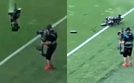Cameraman Narrowly Escapes as Burning ‘Spidercam’ Crashes onto Pitch During Soccer Match
