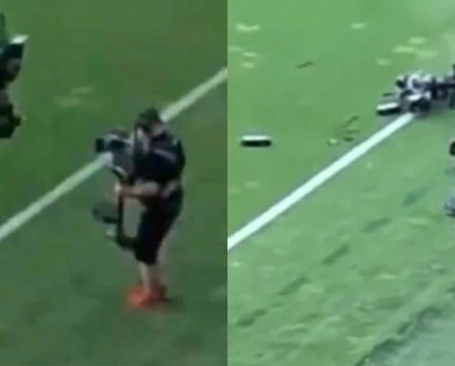 Cameraman Narrowly Escapes as Burning ‘Spidercam’ Crashes onto Pitch During Soccer Match
