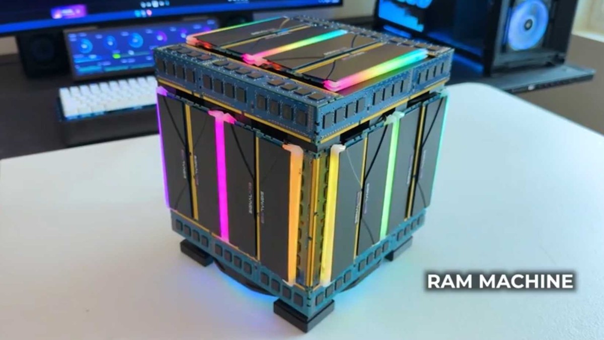 'RAM Machine' case probably costs more than the entire build — Nvidia RTX 5060, Core Ultra 5 CPU, and 32GB DDR5-8200 RAM are hiding inside