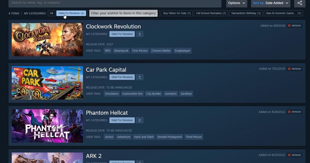 Steam wishlists are getting categories, making it even easier to organise all those games you'll definitely buy next sale