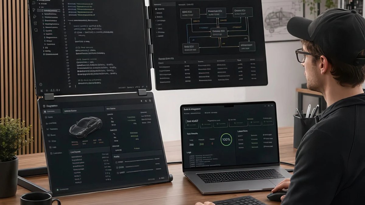 This is the most incredible portable monitor setup you'll see — a portable L-shaped 16-inch triple-screen monitor is perfect for productivity