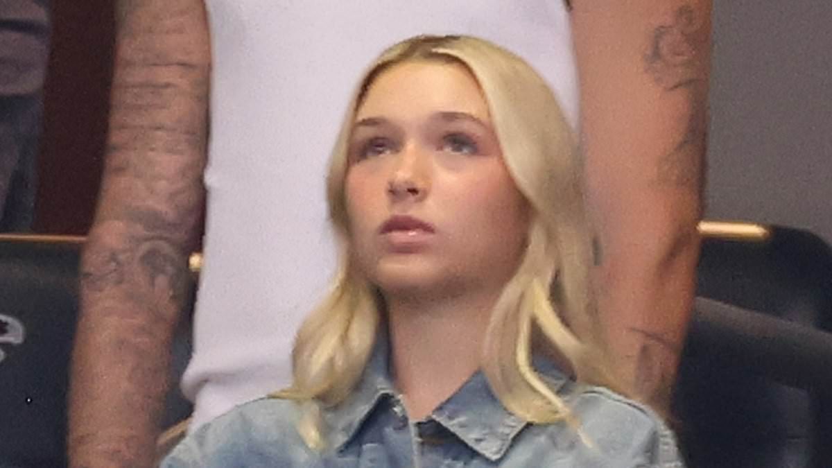 Harper Beckham, 15, enjoys a 90s fashion moment as she sports double denim to England's heartbreaking World Cup semi-final match
