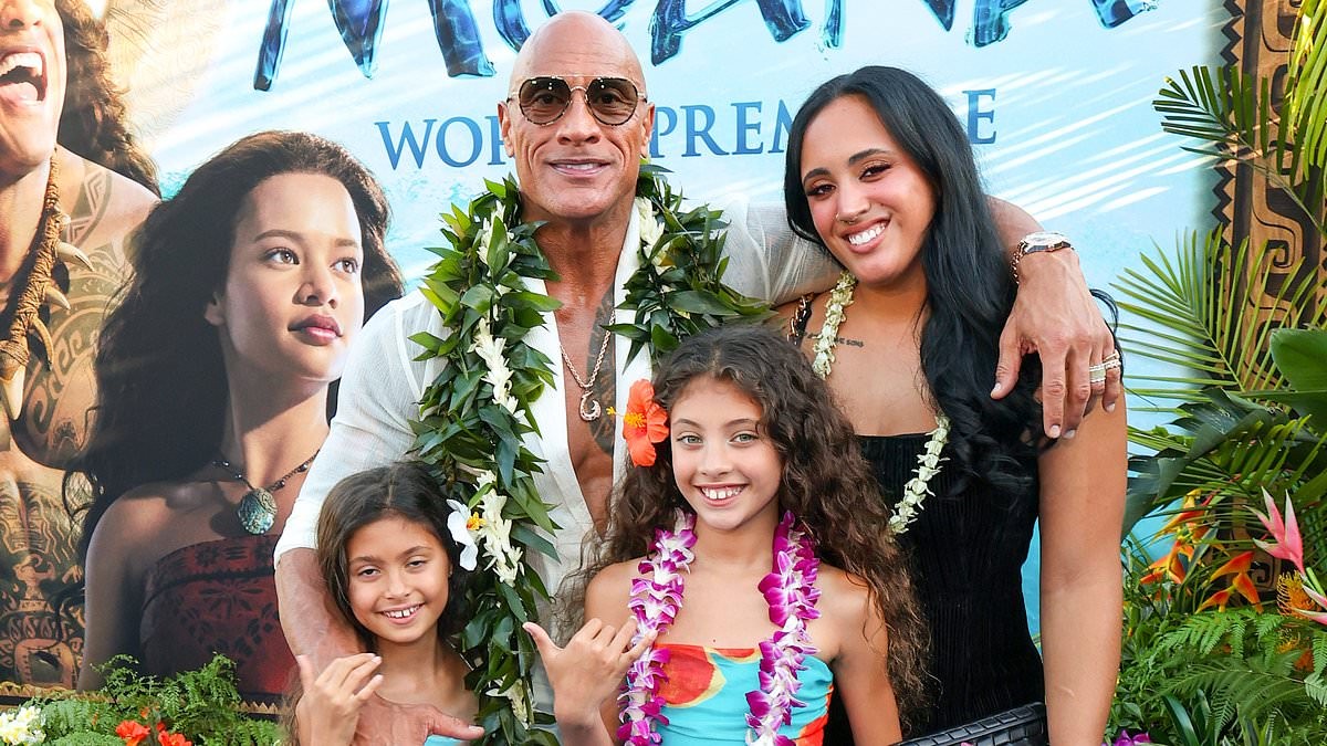Dwayne 'The Rock' Johnson joined by all three of his daughters for rare red carpet moment at Moana premiere