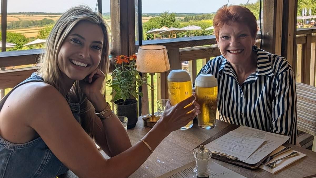 Holly Valance enjoys a drink with Pauline Hanson at Jeremy Clarkson's pub in England after endorsing far-Right Australian party One Nation's leader: 'Nothing like a beer with your mate at the pub on a hot day'