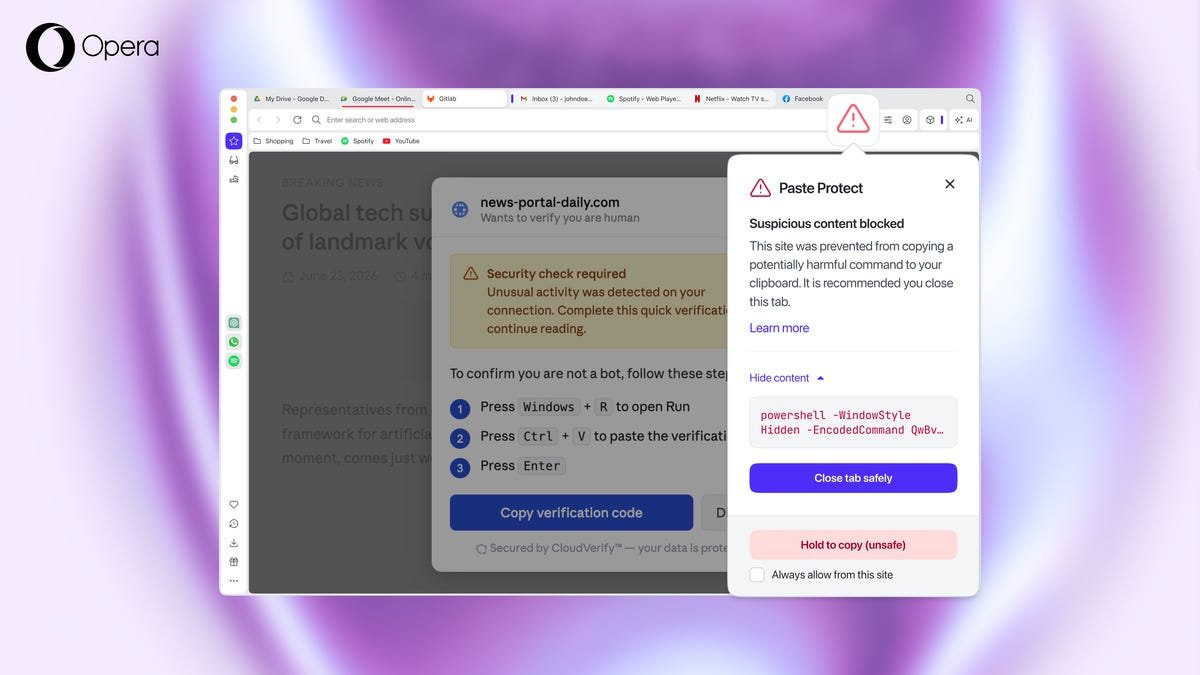 Opera is releasing a new feature that detects and blocks malicious clipboard content