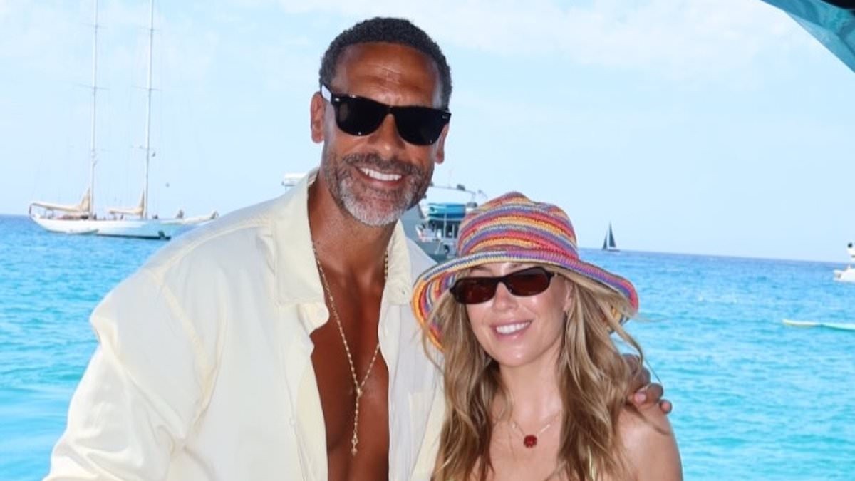 Kate Ferdinand slips into a green bikini and lace trousers for loved up photos with husband Rio on their Ibiza holiday