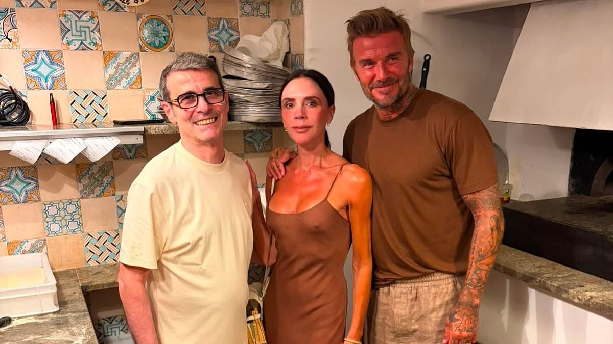 Victoria and David Beckham once again complement each other with their matching holiday wardrobe as they visit pizzeria in Capri