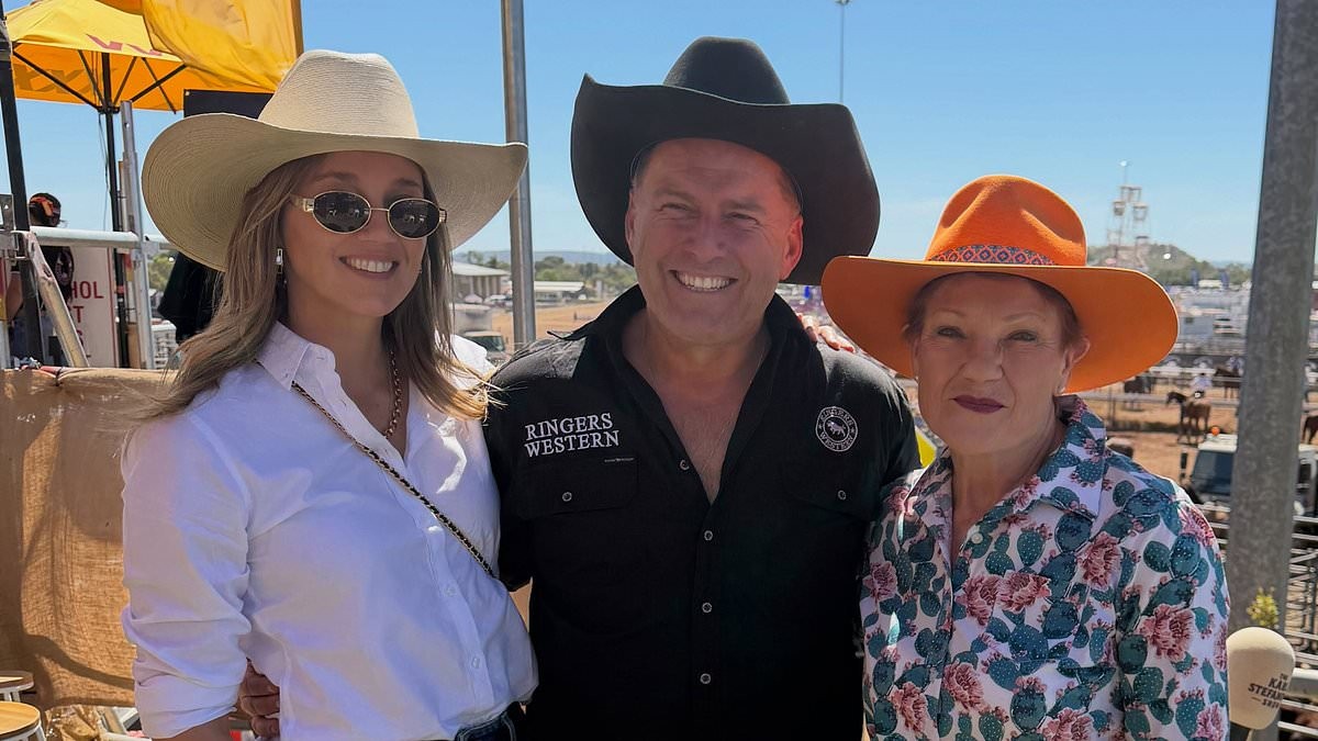 Karl Stefanovic divides fans as he poses with his wife Jasmine and Pauline Hanson at the Mount Isa Rodeo and calls them 'the luckiest girls in the world'