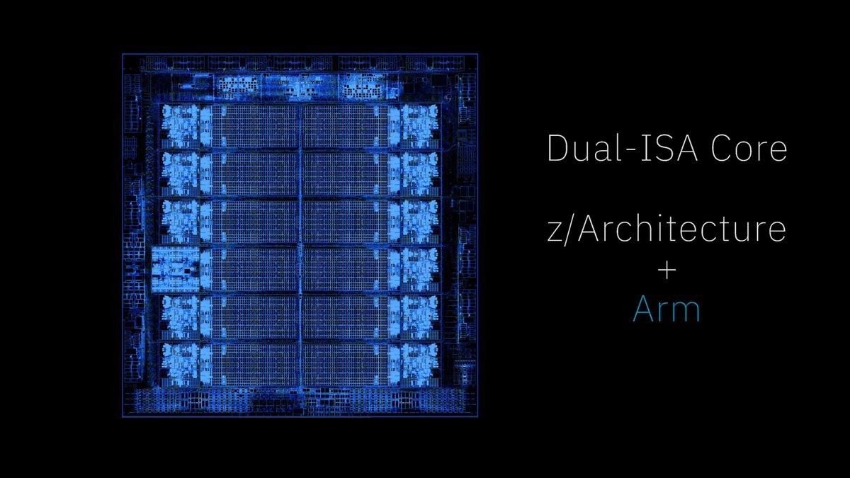 Hot Chips 2026: IBM's first dual-ISA core natively executes ARM and z/Architecture in the same core; all cores run at 5.7 GHz base frequency — next-gen mainframe AI processor is built on 2nm node with 11 cores