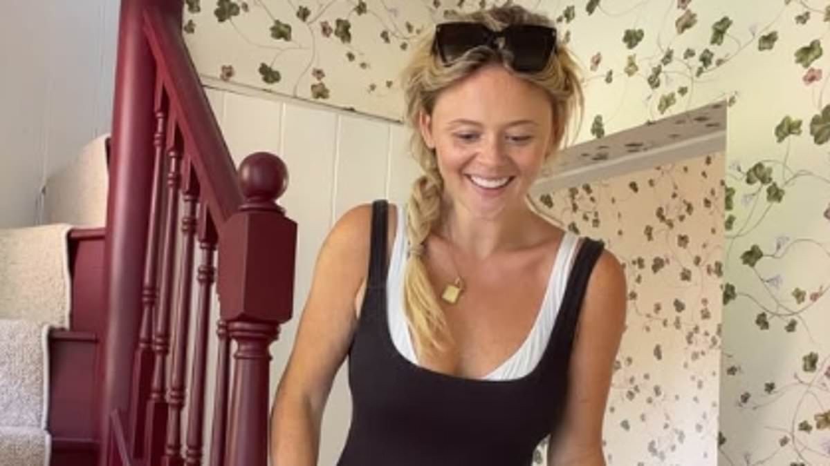 Emily Atack shows off her weight loss in a lycra unitard as she gives an update on her countryside home renovation