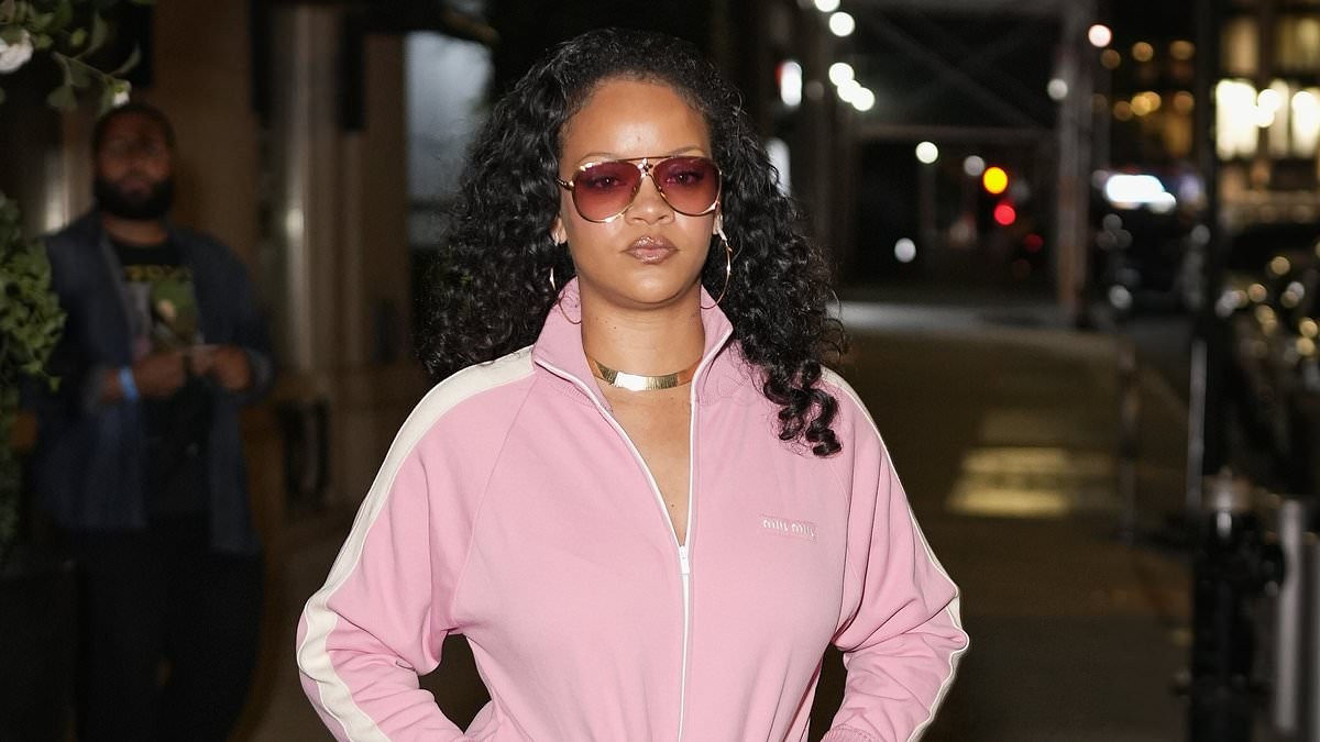 Rihanna looks casually cool in a £2,250 pink Miu Miu jacket as she leaves her hotel in New York with A$AP Rocky and their daughter Rocki