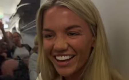 Molly Smith officially announces her newlywed status to the whole plane after losing a bet to her Love Island pals as she and Tom Clare return from 10-day boozy wedding in Mallorca