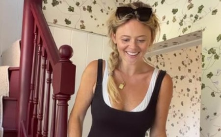 Emily Atack shows off her weight loss in a lycra unitard as she gives an update on her countryside home renovation