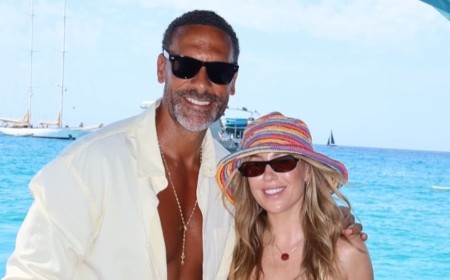 Kate Ferdinand slips into a green bikini and lace trousers for loved up photos with husband Rio on their Ibiza holiday