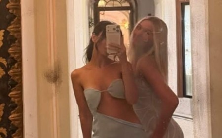 Harper Beckham, 15, poses for a fun mirror selfie with 'bestie' Jackie Apostel, 30, on family holiday in Italy as her brother Romeo and Kim Turnbull enjoy romantic break in St Tropez