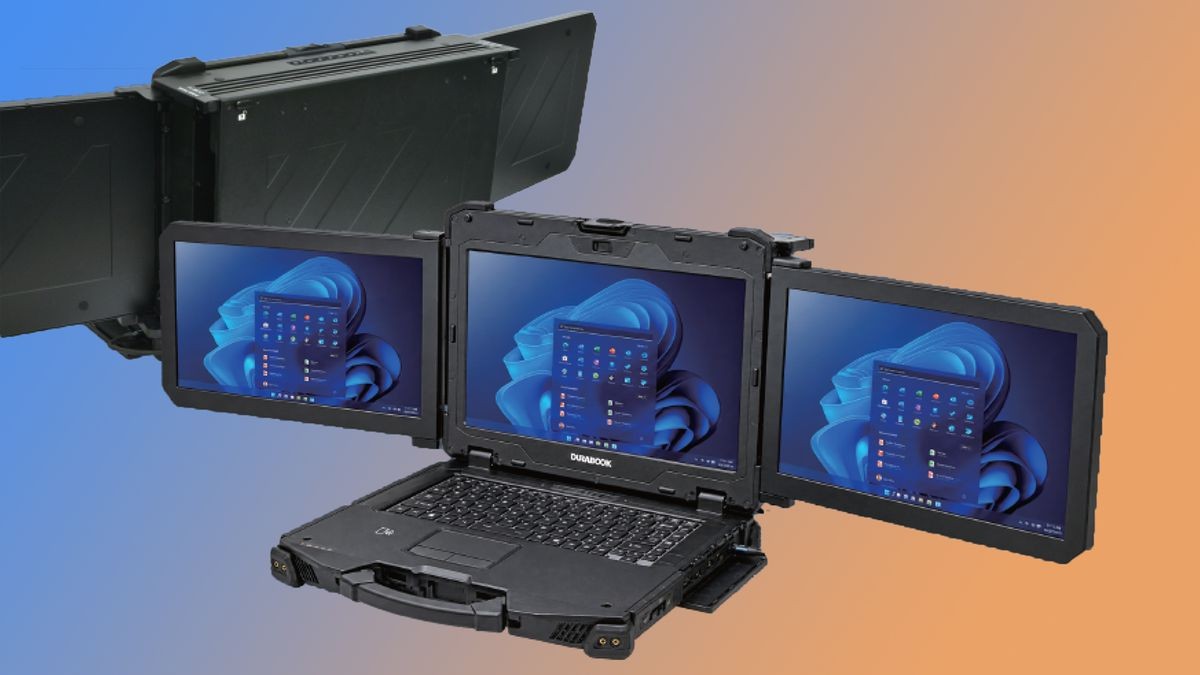 Durabook Z14I-DX3 rugged mobile workstation folds three screens into a 9.8 kg chassis