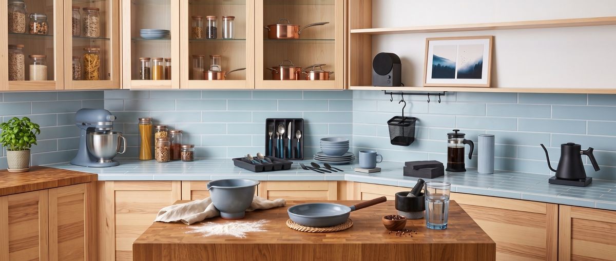 IKEA kitchen trends for autumn 2026 — clever storage and accessories in calming anthracite and duck egg blue, from £1