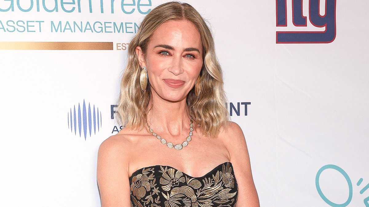 Emily Blunt stuns in a strapless black and gold gown at American Institute for Stuttering Gala after revealing her childhood stutter became 'the making' of her