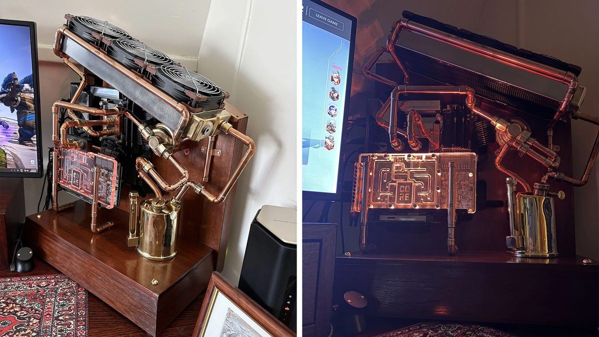 Fully custom copper PC features upcycled blowtorch reservoir — antique wooden pedestal complements steampunk design hiding a Ryzen 7 9800X3D, RX 9070 XT