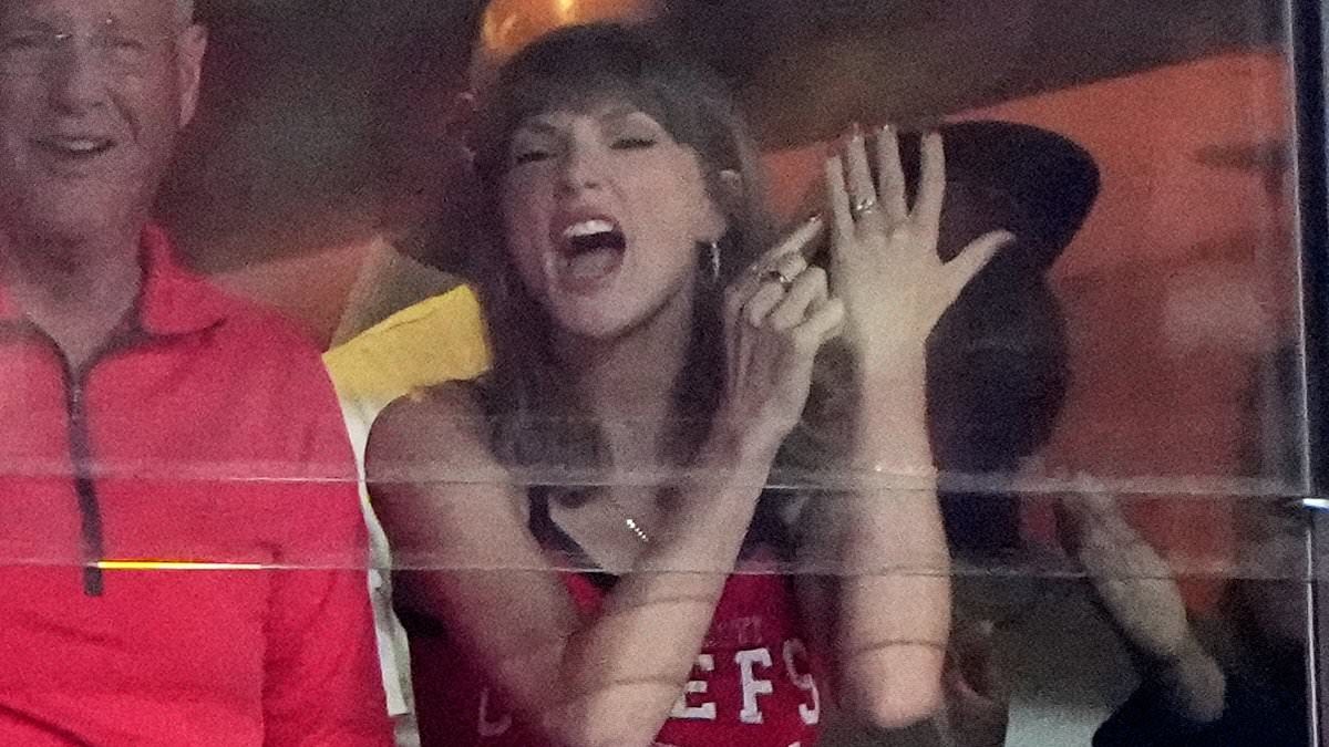 Taylor Swift makes a rare appearance with her mom Andrea as she yells 'that's my husband' and points at her $1million engagement ring as Travis Kelce scores a touchdown