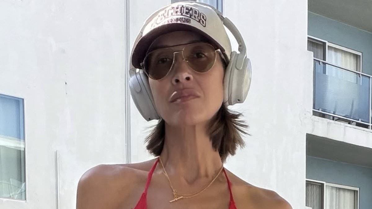 Myleene Klass, 48, poses in a bikini top and denim hotpants as she shoots new Skechers campaign in LA