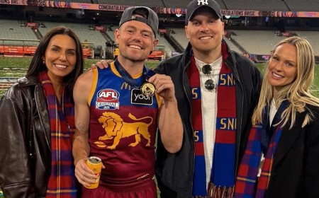 Jules Neale shows her true colours by supporting ex-husband Lachie Neale's rival team Fremantle at the 2026 AFL Grand Final