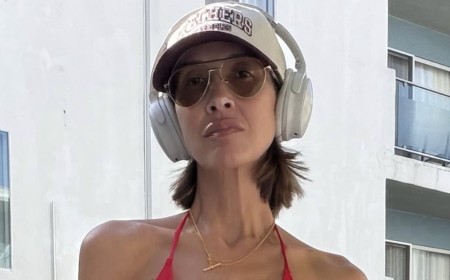 Myleene Klass, 48, poses in a bikini top and denim hotpants as she shoots new Skechers campaign in LA