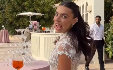 Francesca Allen kicks off her wedding weekend with a VERY lavish welcome drinks overlooking the French Riviera as she stuns in a sheer floral gown