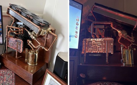 Fully custom copper PC features upcycled blowtorch reservoir — antique wooden pedestal complements steampunk design hiding a Ryzen 7 9800X3D, RX 9070 XT