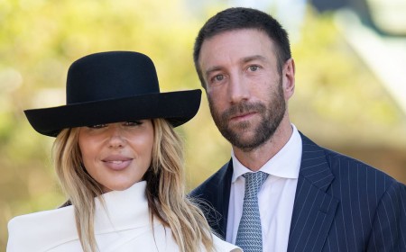 Pip Edwards and her new boyfriend Nicholas Nogarotto turn heads in monochromatic elegance at Royal Randwick's Surf to Turf Day in Sydney