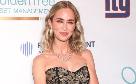Emily Blunt stuns in a strapless black and gold gown at American Institute for Stuttering Gala after revealing her childhood stutter became 'the making' of her