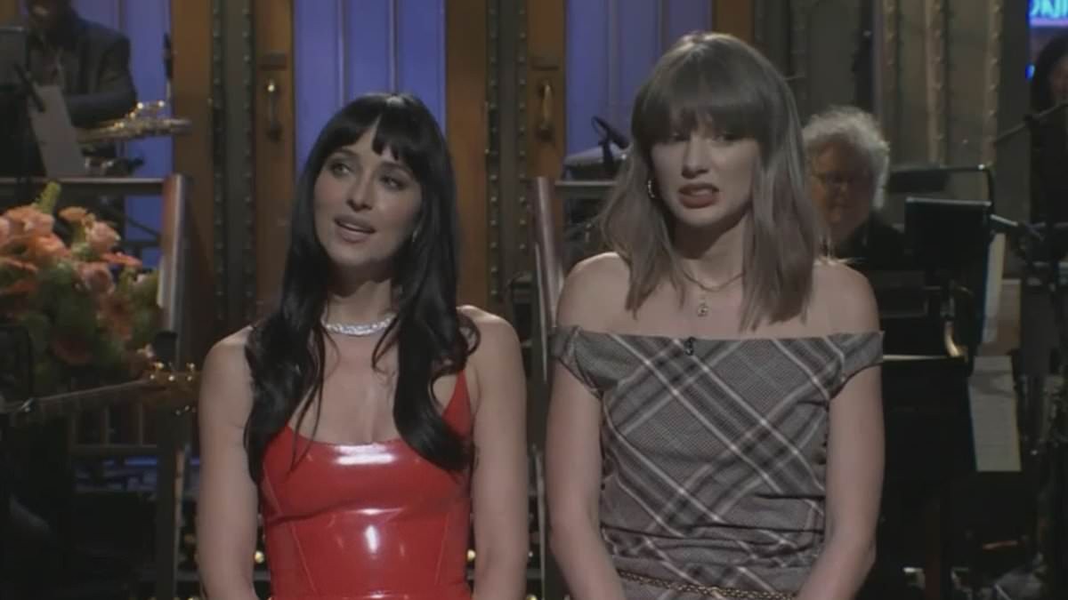 Taylor Swift makes surprise SNL appearance as she crashes Dakota Johnson's monologue and jokes about being her 'breakup therapist'... before Travis Kelce shoutout