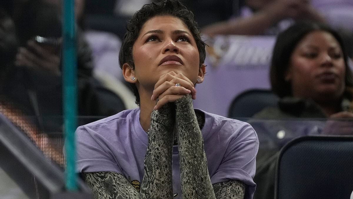 Zendaya shows off her pixie hairdo and puts on an animated display as she cheers Valkyries to victory during WNBA finals in San Francisco