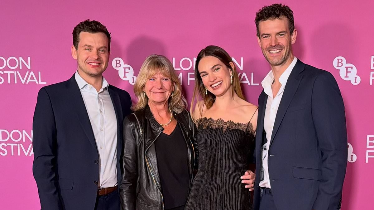 Lily James makes a rare appearance with her mother and 'very handsome brothers' at the London Film Festival